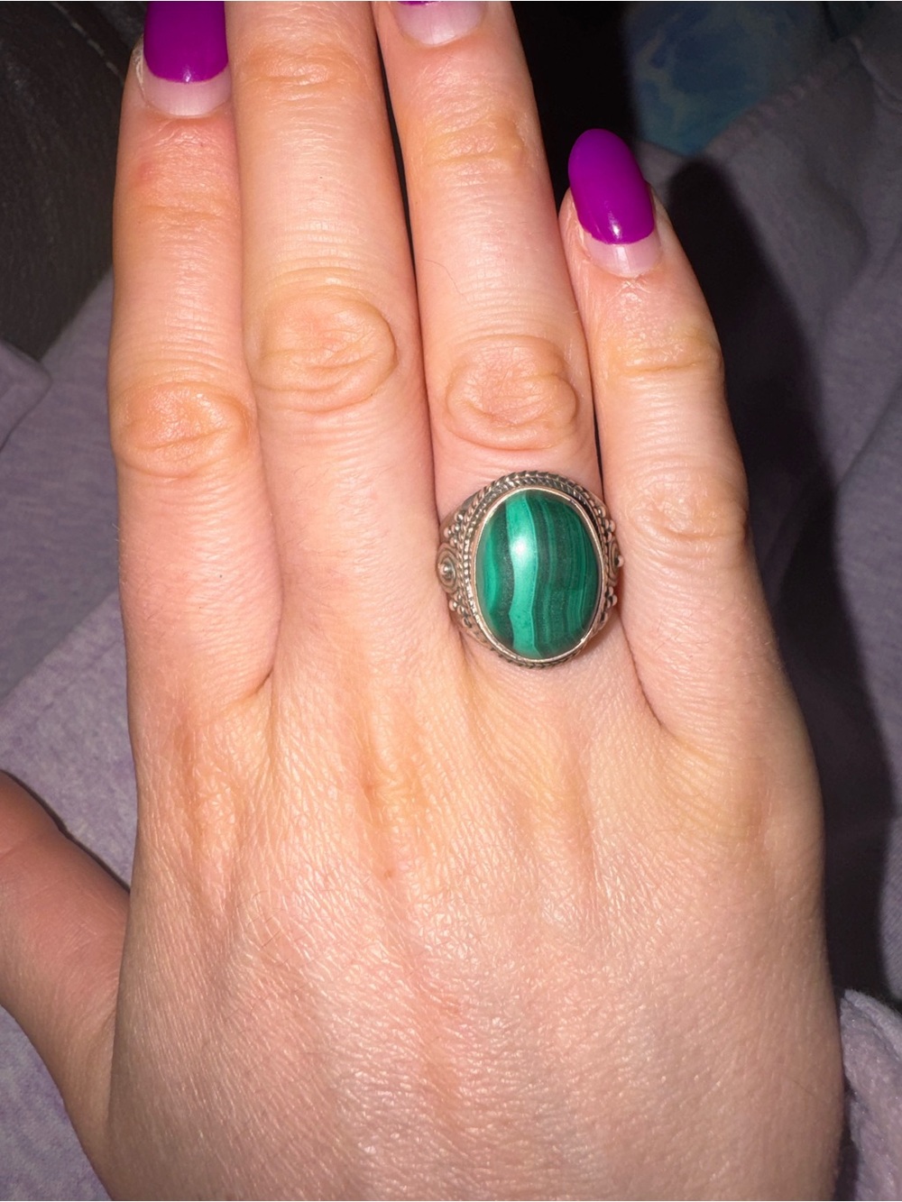 Sterling Silver Malachite Oval Statement Ring - Green